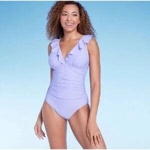 Shade & Shore One Piece Ruffled Swimsuit Full Coverage Size 22 Lilac Stretch NWT